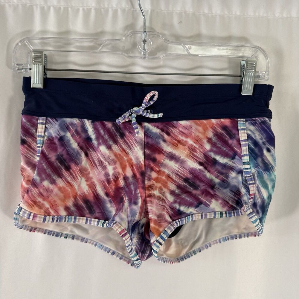 Athleta Girl Swim Shorts Girls Large 12 Blue Tie Dye Drawstring Pull On Lined